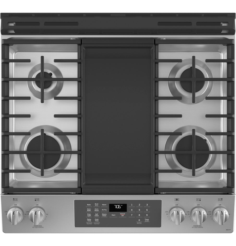 Pictures of GE® 30" Slide-In Front-Control Convection Gas Range with Built-in WiFi, Edge-to-Edge Cooktop, and No Preheat Air Fry JGS760SPSS - Scratch & Dent (Minor) - Neu Appliance Outlet - Discount Appliance Outlet in Austin, Tx
