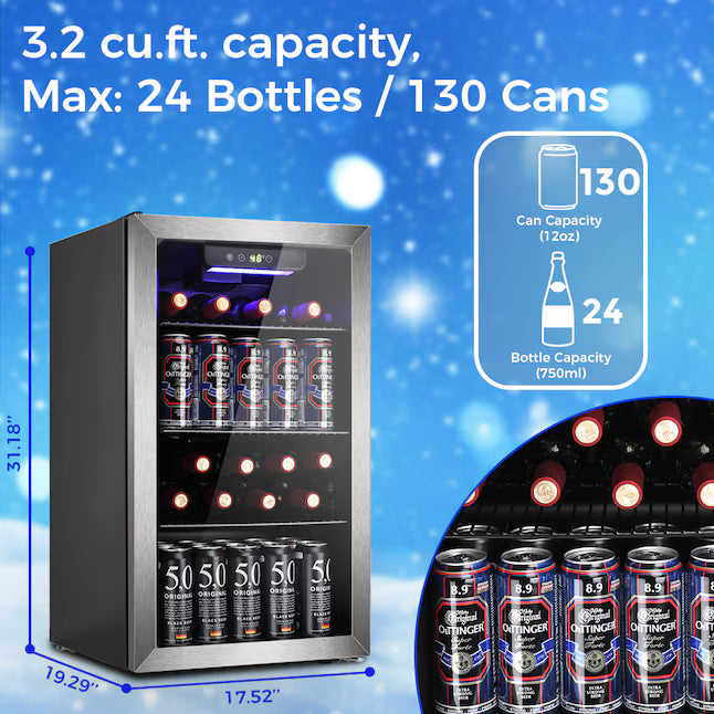 COWSAR 17.5-in W 130 -Can Capacity Stainless Steel Freestanding Indoor Beverage Refrigerator with Glass Door W5899SSH - New in Box