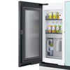 Open Samsung Bespoke RF90F29AECRAA 4-Door French Door Refrigerator with drinks on a white background