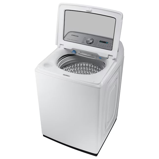Samsung 5.2 cu. ft. Large Capacity Smart Top Load Washer with Super Speed Wash in White WA52DG5500AW - Scratch & Dent (Minor) and Samsung White Smart Electric 7.4 Cu. Ft. Dryer with Sensor Dry and Steam Sanitize+ DVE52A5500W - Scratch & Dent (Moderate)