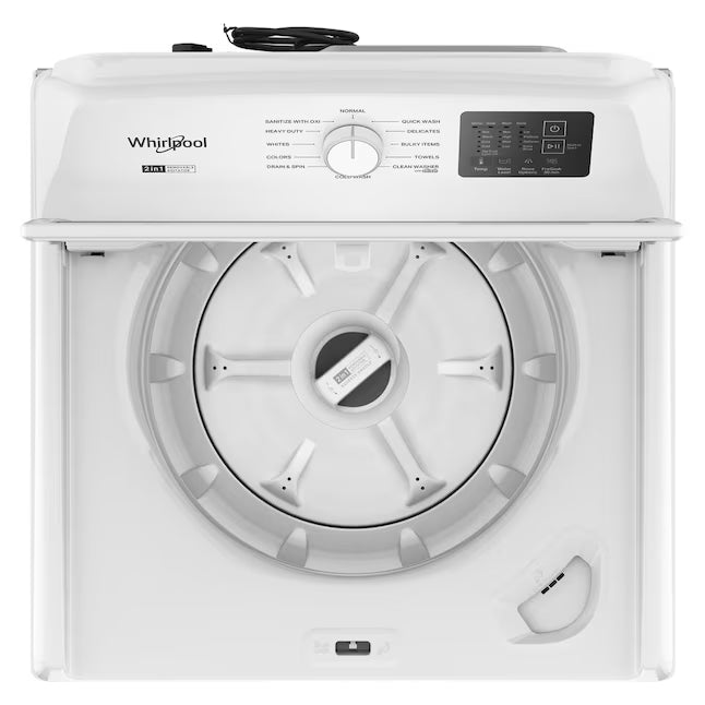 Whirlpool 4.2-4.3 Cu. Ft. Top Load Washer with 2-in-1 Removable Agitator and Soft Close Glass Lid WTW4307SW - Scratch & Dent (Minor) and Whirlpool 7.0 cu. ft. Electric Dryer with Adaptive Dry and Wrinkle Shield™ Option WED4307SW - Open Box