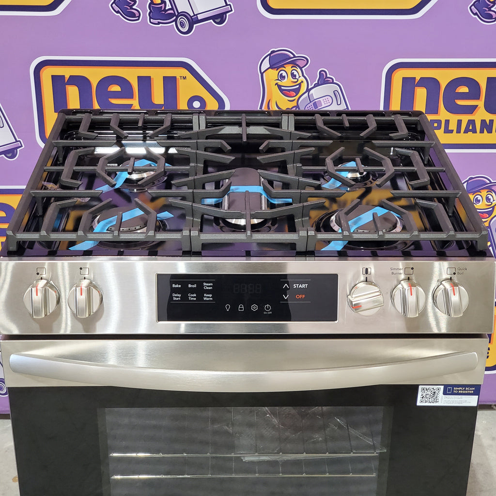 Frigidaire Slide-in Gas Stainless Steel Range with Steam Clean with Five Burner Cooktop and Even Baking Technology 3SD876 - Open Box
