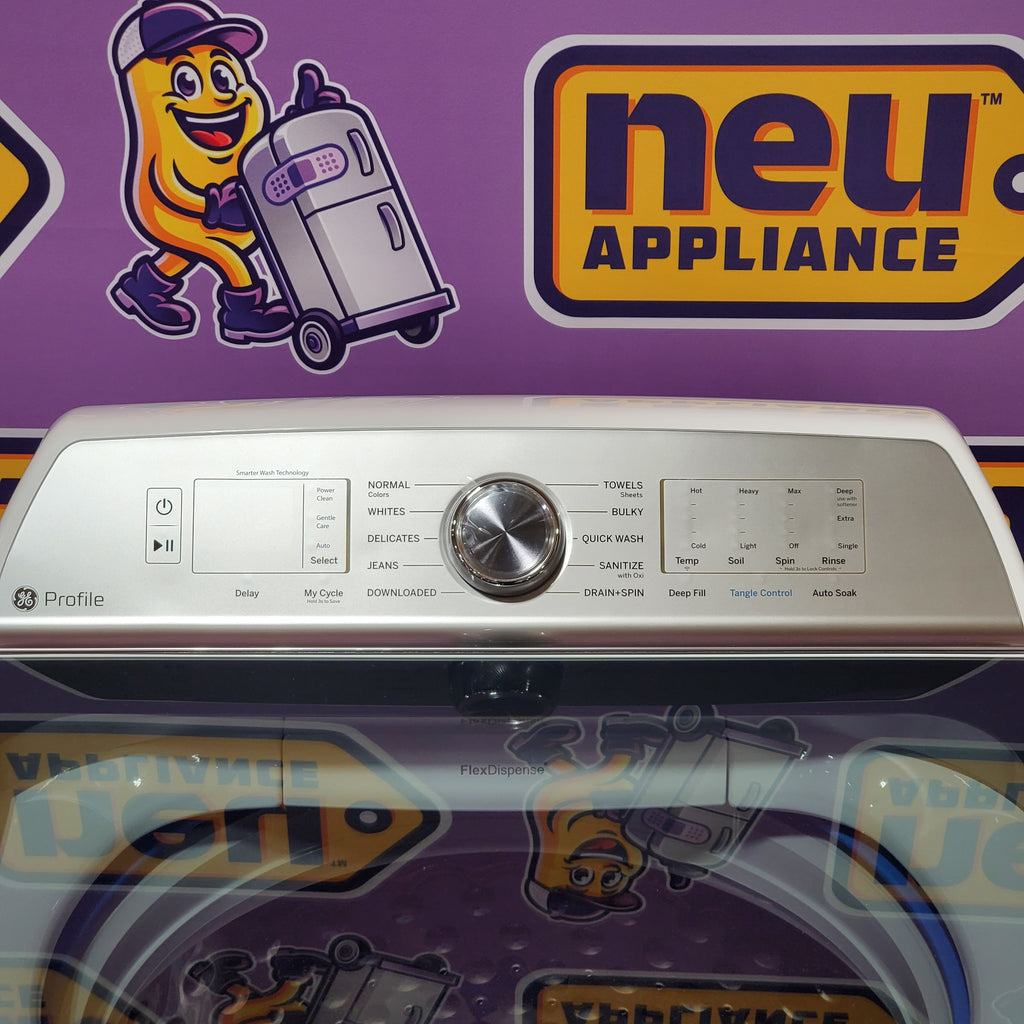 Pictures of GE Profile™ ENERGY STAR® 5.0 cu. ft. Capacity Washer with Smarter Wash Technology PTW600BSRWS - New in Box and GE Profile™ ENERGY STAR® 7.4 cu. ft. Capacity Electric Dryer with Sanitize Cycle 16229 - PTD60EBSRWS - Scratch & Dent (Moderate) - Neu Appliance Outlet - Discount Appliance Outlet in Austin, Tx