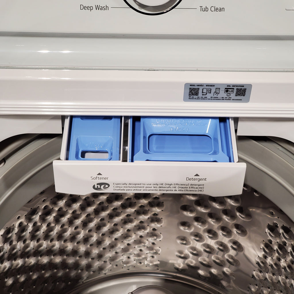 Pictures of LG Top Load 4.1 Cu. Ft. Washer with TurboDrum Technology in White WT6105CW - Scratch & Dent (Minor) and LG 7.3 Cu. Ft. Electric Rear Control Ultra Large Capacity Dryer in White with Sensor Dry 16075 - DLE6100W - Open Box - Neu Appliance Outlet - Discount Appliance Outlet in Austin, Tx