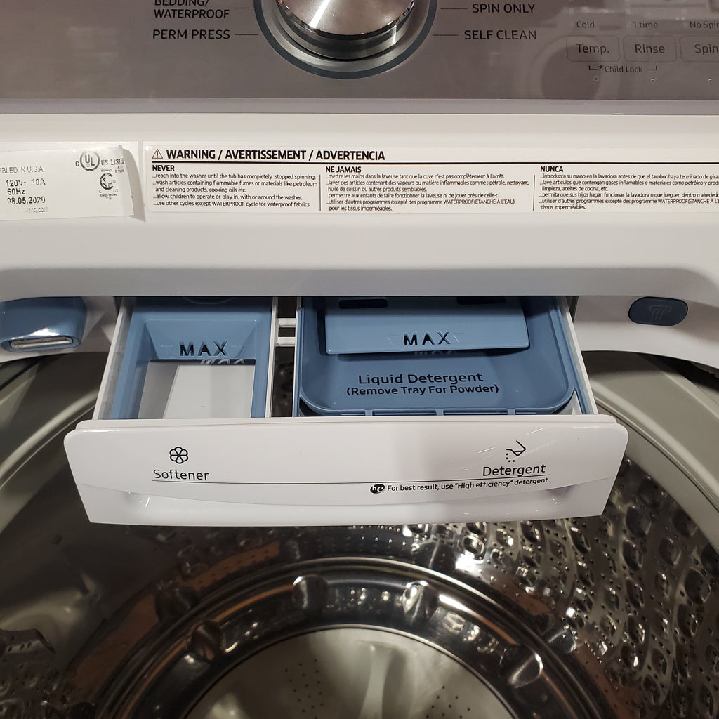 Samsung 5.0 cu. ft. Top Load Washing Machine with Active Water Jet 1CR04014 - WA50R5200AW - Certified Refurbished and Samsung White Smart Electric 7.4 Cu. Ft. Dryer with Sensor Dry and Steam Sanitize+ 16106 - DVE52A5500W - Scratch & Dent (Minor)