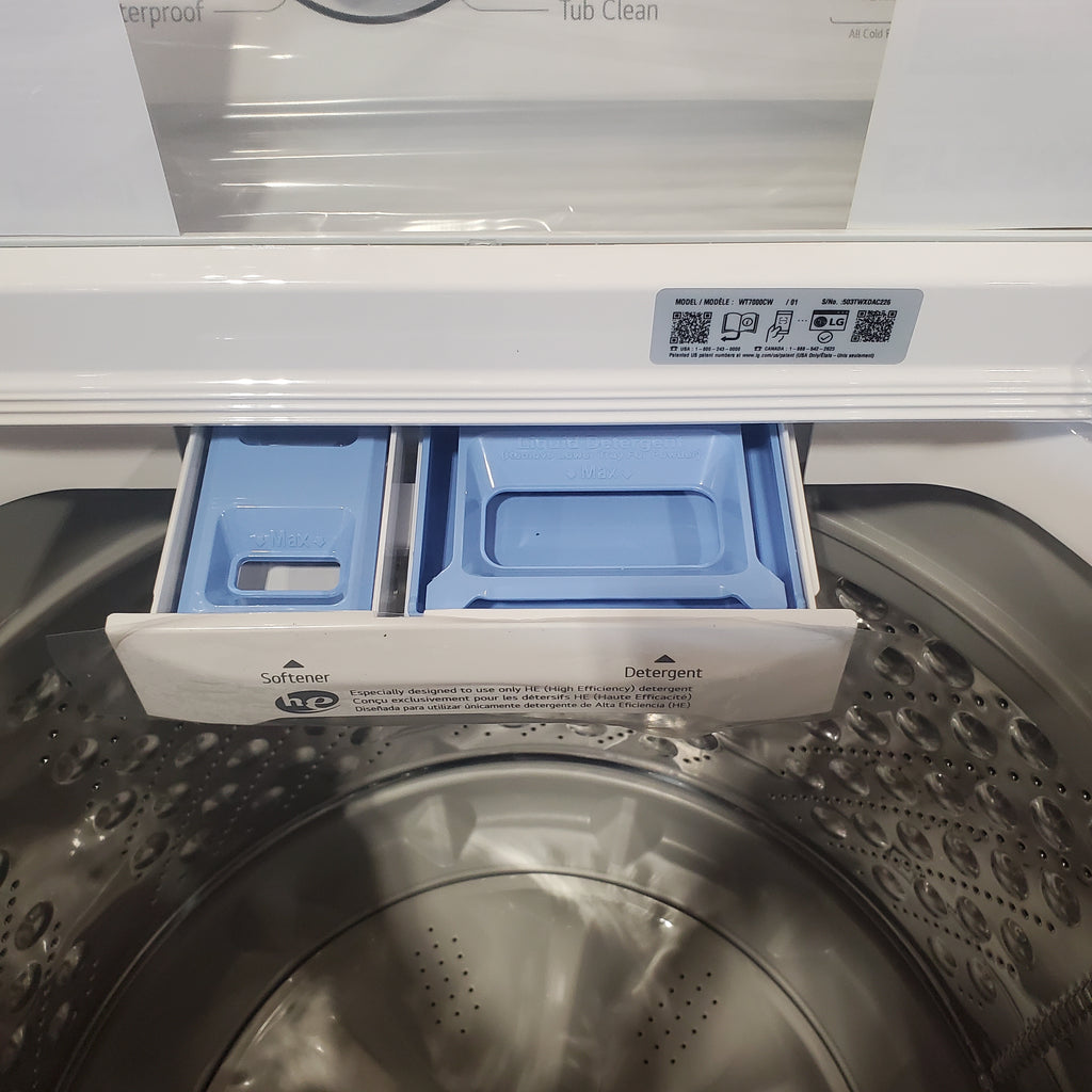 LG White Top Load 4.5 Cu. Ft. Washer with NeveRust Drum and TurboDrum Technology WT7000CW - New in Box and LG 7.3 cu. ft. Ultra Large High Efficiency Electric Dryer in White 16067 - DLE7000W - Scratch & Dent (Minor)