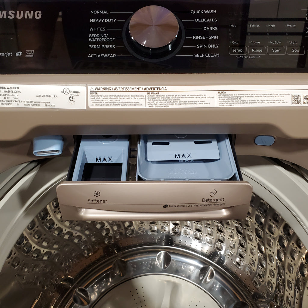 Pictures of Samsung 5.0 cu. ft. High Efficiency Top Load Washer with Active WaterJet in Champagne 1CR03095 - WA50T5300AC - Certified Refurbished - Neu Appliance Outlet - Discount Appliance Outlet in Austin, Tx