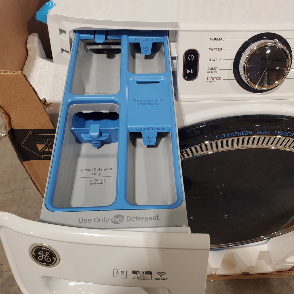 GE ENERGY STAR 4.8 cu. ft. Capacity Smart Front Load Washer with UltraFresh Vent System with OdorBlock GFW550SSNWW - New in Box and GE ENERGY STAR 7.8 cu. ft. Smart Frontload Electric Dryer with Sensor Dry 15021 - GFD55ESSNWW - New in Box