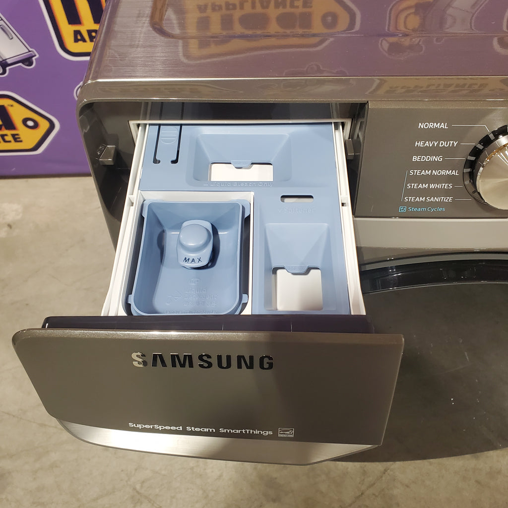 Samsung 4.5 cu. ft. Large Capacity Smart Front Load Washer with Super Speed Wash in Platinum WF45B6300AP - Scratch & Dent (Minor) and Samsung 7.5 cu. ft. Front Load Electric Dryer with Steam 16135 - DVE45B6300P - Scratch & Dent (Minor)