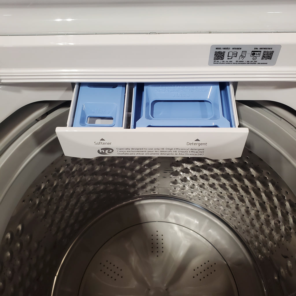 LG 4.3 cu. ft. Capacity Top Load Washer with TurboDrum™ Technology and Impeller WT6100CW - Open Box and LG 7.3 Cu. Ft.  Electric Rear Control Ultra Large Capacity Dryer in White with Sensor Dry 16058 - DLE6100W - Open Box