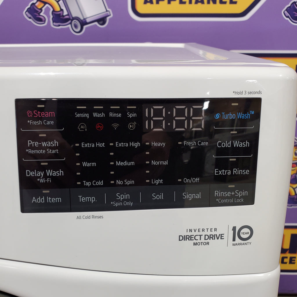 Pictures of LG 4.5 cu. ft. Front Load Washer with Steam and Built-In Intelligence in White WM4000HWA - Scratch & Dent (Minor) and LG 7.4 cu. ft. Front Load Electric Dryer with TurboSteam and Sensor Dry Technology in White 16237 - DLEX4000W - Scratch & Dent (Moderate) - Neu Appliance Outlet - Discount Appliance Outlet in Austin, Tx