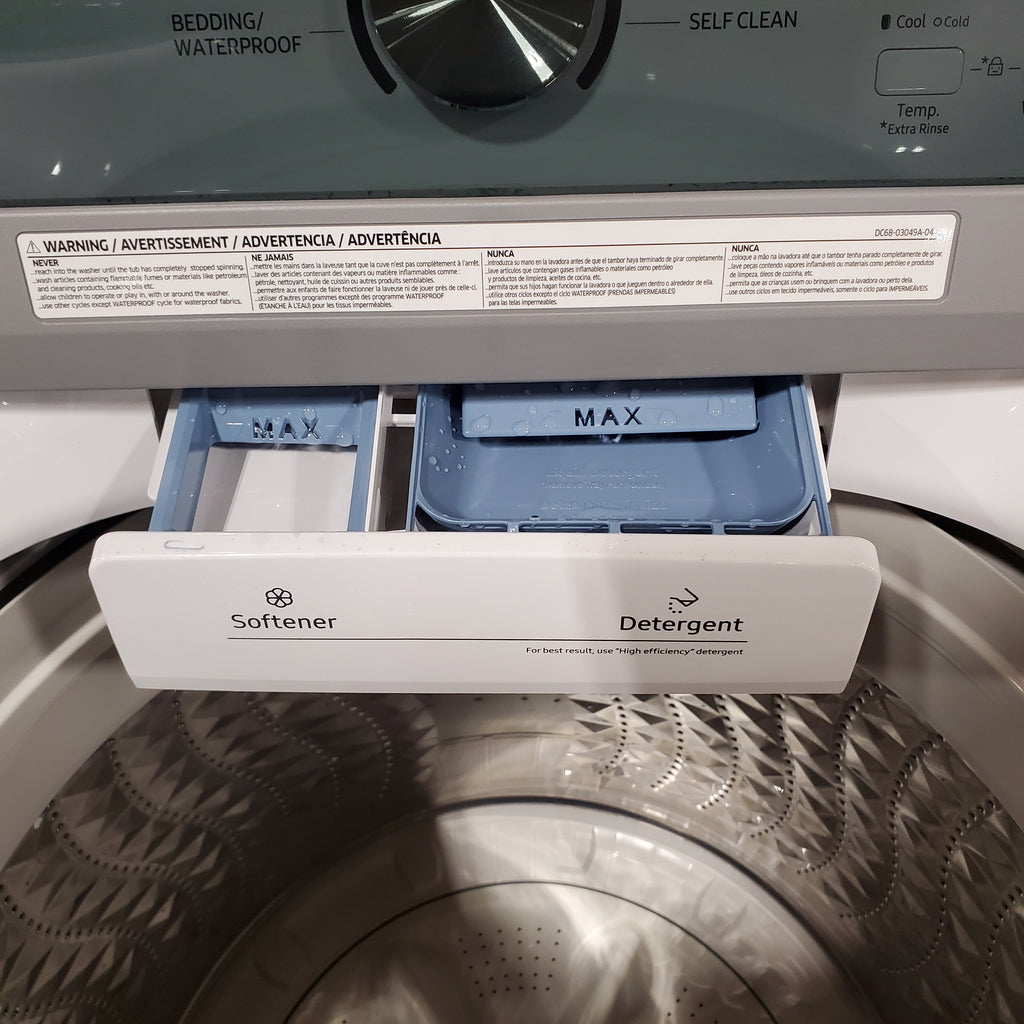 Pictures of Samsung 4.5 cu. ft. Top Load Washer with Vibration Reduction Technology+ in White WA45T3200AW - Open Box and Samsung 7.2 cu. ft. Electric Dryer with Sensor Dry in White 16125 - DVE45T3200W - Open Box - Neu Appliance Outlet - Discount Appliance Outlet in Austin, Tx