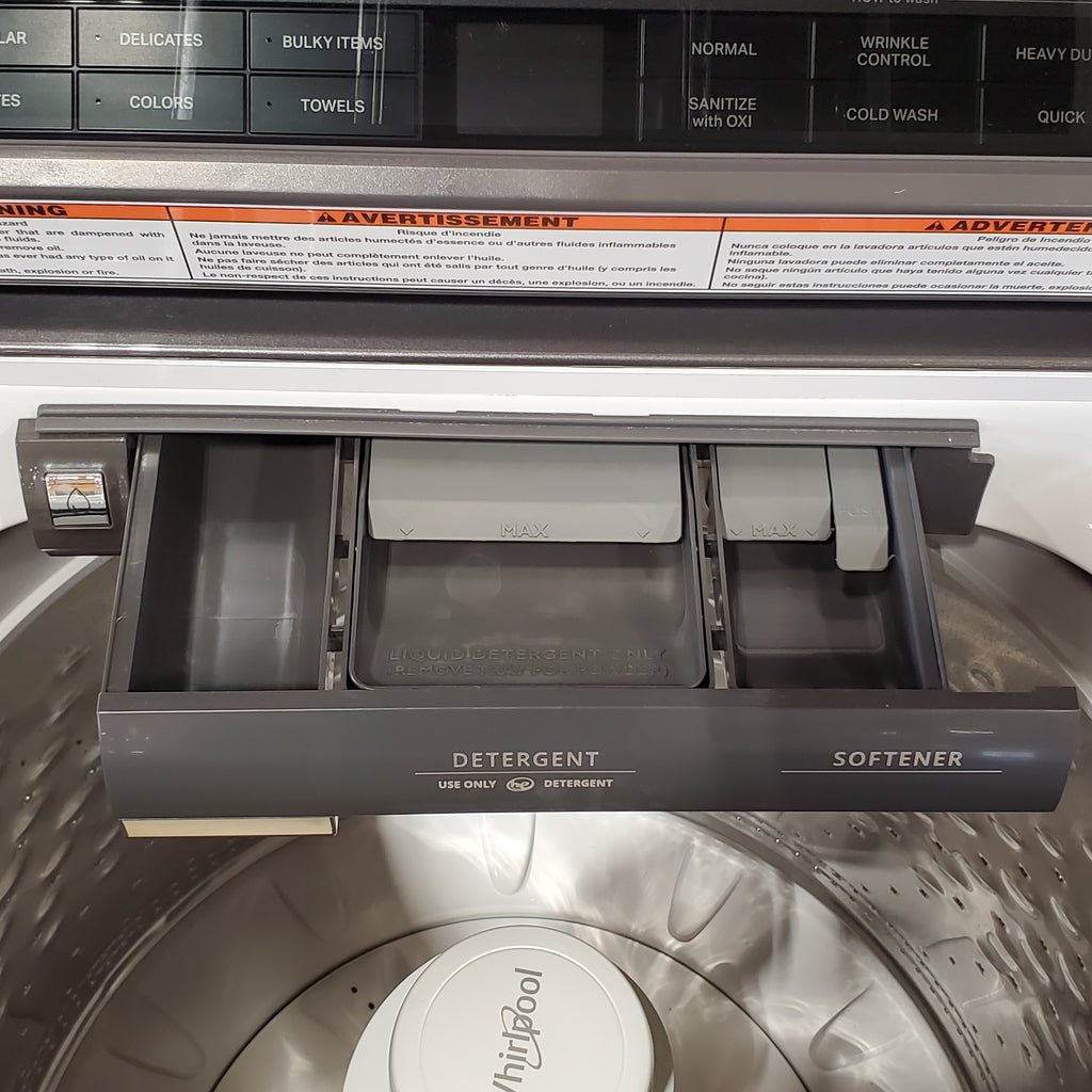 Pictures of Whirlpool High Efficiency Agitator Large Top-Load Washer in White WTW5105HW - Scratch & Dent (Minor) and Whirlpool 7.4 cu. ft. Electric Dryer with Hamper Door WED8127LW - Scratch & Dent (Minor) - Neu Appliance Outlet - Discount Appliance Outlet in Austin, Tx