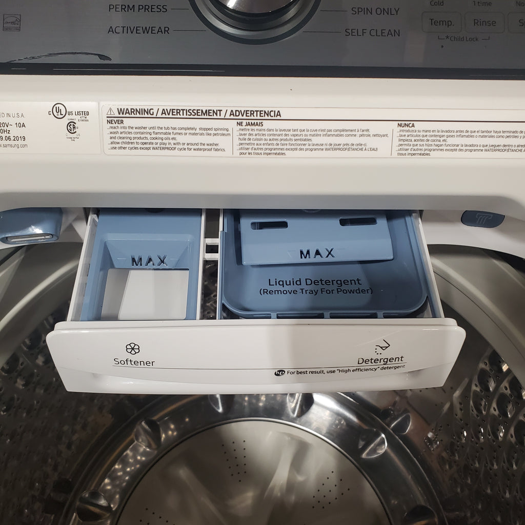 Pictures of Samsung White Top Load 5.0 Cu. Ft. Washer with Active Water Jet WA50R5200AW - Certified Refurbished and Samsung White Electric 7.4 Cu. Ft. Dryer with Sensor Dry DVE50R5200W - Scratch and Dent (Minor) - Neu Appliance Outlet - Discount Appliance Outlet in Austin, Tx