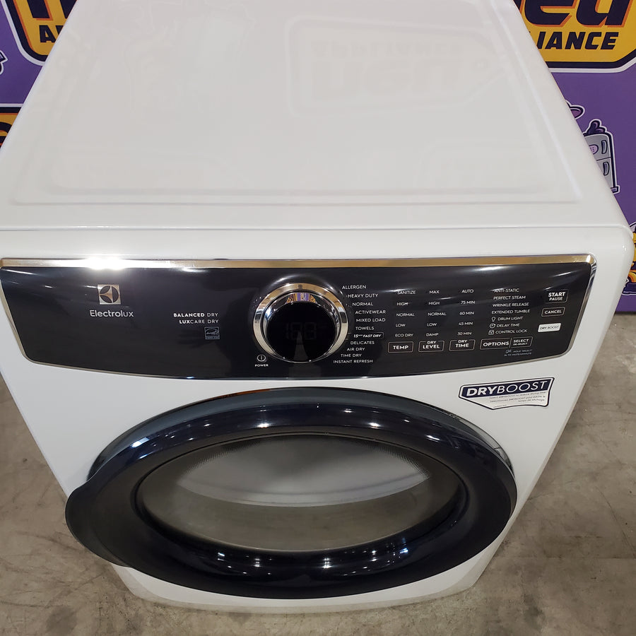 Electrolux 4.5 Cu.Ft. Stackable Front Load Washer with Steam and SmartBoost Wash System ELFW7637AW - Open Box and Electrolux 8.0 Cu. Ft. Front Load Perfect Steam™ Electric Dryer with Balanced Dry™ and Instant Refresh ELFE7626BW - Scratch & Dent (Minor)