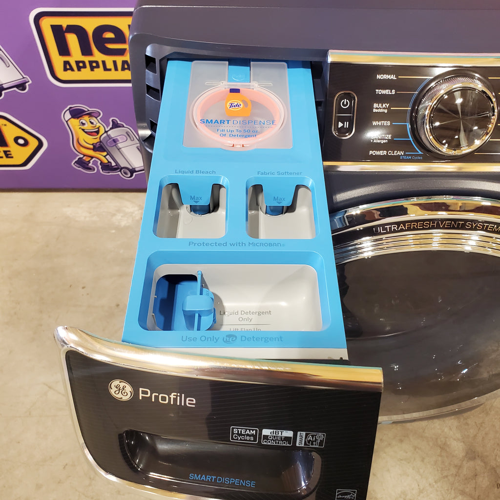 Pictures of GE Profile 5.3 cu. ft. Smart Front Load Washer with Microban Technology PFW870SPVRS - New in Box and GE Profile 7.8 cu. ft. Capacity Smart Front Load Gas Dryer with Steam and Sanitize Cycle PFD87GSPVRS - Scratch & Dent (Minor) - Neu Appliance Outlet - Discount Appliance Outlet in Austin, Tx