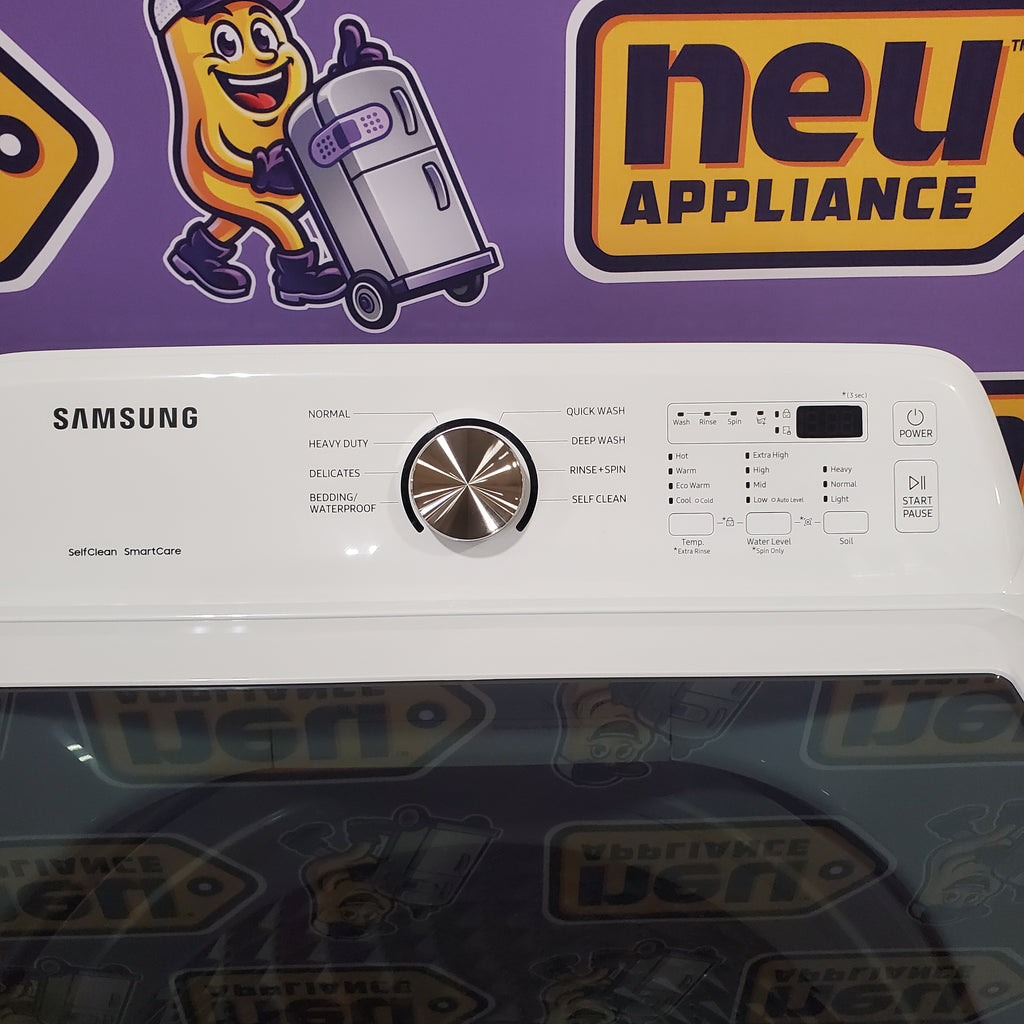 Pictures of Samsung Top Load 4.5 Cu. Ft. Washer with Soft Close Lid and Vibration Reduction Technology+ WA45T3200AW - New in Box and Samsung 7.2 cu. ft. Electric Dryer with Sensor Dry in White DVE45T3200W - Scratch and Dent (minor) - Neu Appliance Outlet - Discount Appliance Outlet in Austin, Tx