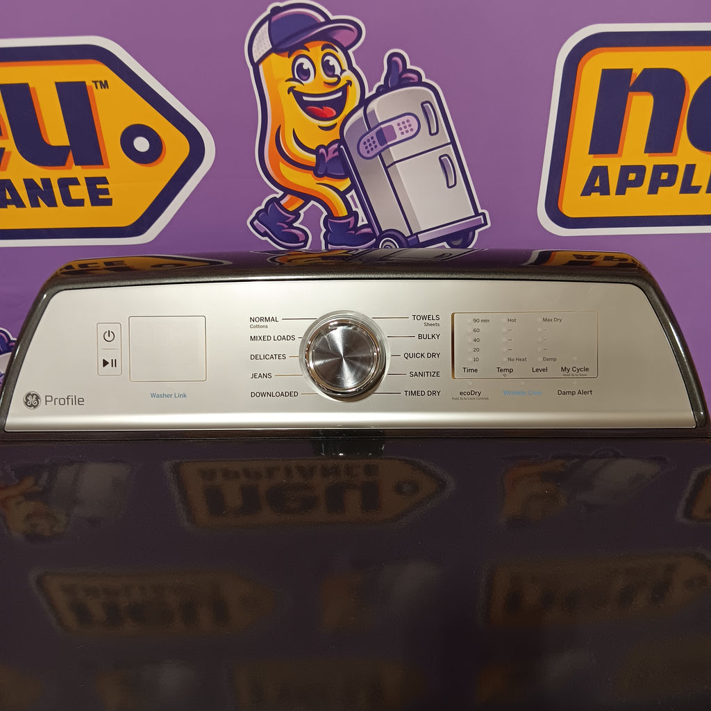 GE PTD60EBPRDG Silver electronic device with control panel on a purple background with branding logos.