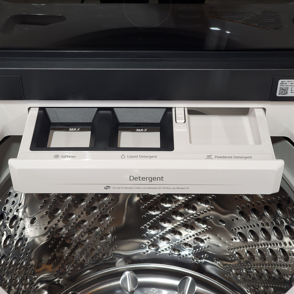 LG 5.5 cu. ft. Mega Capacity Top Load Washer with Impeller in Alpine White WT8400CW - Open Box and LG Energy Star Certified 7.3 cu. ft. Ultra Large Capacity Rear Control Electric Dryer with LG EasyLoad™ Door and AI Sensing 16069 - DLE8400WE - New in Box