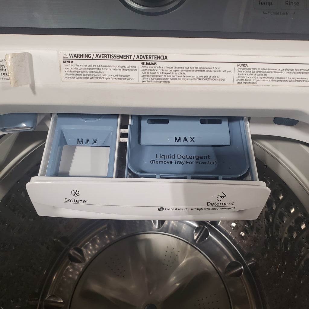 Pictures of Samsung White Top Load 5.4 Cu. Ft. Washer with Active Water Jet WA54R7200AW - Certified Refurbished and Samsung White Electric 7.4 Cu. Ft. Dryer with Sensor Dry DVE50R5200W - Scratch and Dent (Minor) - Neu Appliance Outlet - Discount Appliance Outlet in Austin, Tx