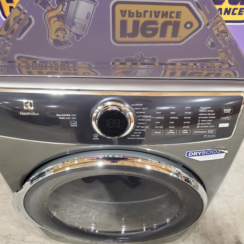 Electrolux Titanium Front Load 600 Series 4.5 Cu. Ft. Washer with Smartboost ELFW7637AT - Scratch & Dent (Minor) and Electrolux 8 cu. ft. vented Front Load Stackable 600 Series Electric Dryer with LuxCare Dry 16098 - ELFE7637AT - Scratch & Dent (Moderate)