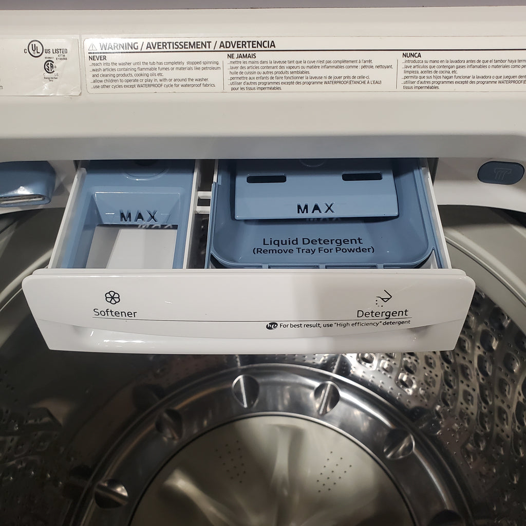 Pictures of Samsung White Top Load 5.0 Cu. Ft. Washer with Active Water Jet WA50R5200AW - Certified Refurbished and Samsung White Electric 7.4 Cu. Ft. Dryer with Sensor Dry DVE50R5200W - Scratch and Dent (Minor) - Neu Appliance Outlet - Discount Appliance Outlet in Austin, Tx
