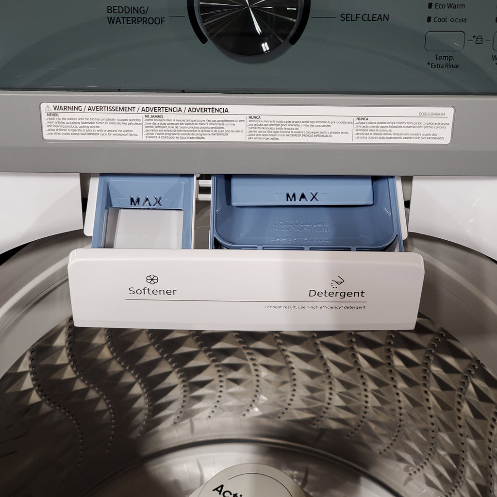 Pictures of Samsung 4.4 cu. ft. Top Load Washer with ActiveWave™ Agitator and Soft-Close Lid in White WA44A3205AW Open Box and Samsung 7.2 cu. ft. Gas Dryer with Sensor Dry in White DVG45T3200W - Scratch & Dent (Minor) - Neu Appliance Outlet - Discount Appliance Outlet in Austin, Tx