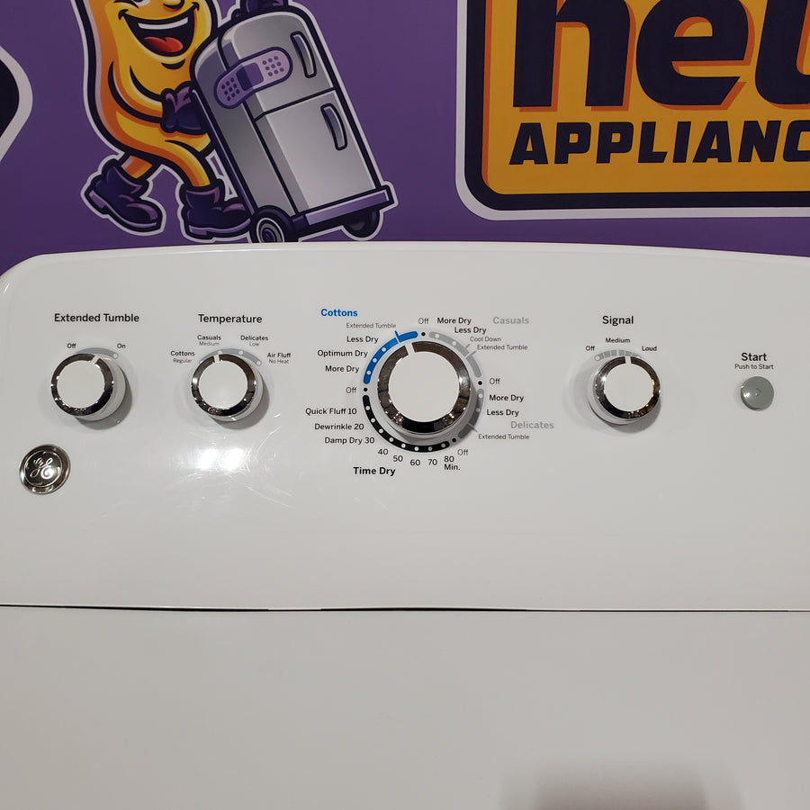 GE White Top Load 4.0 Cu. Ft. Capacity Washer with Stainless Steel Wash Basket GTW325ASWWW - New in Box and GE 7.2 cu. ft. Capacity Aluminized Alloy Drum Gas Dryer in White 16208 - GTD42GASJWW - Certified Refurbished