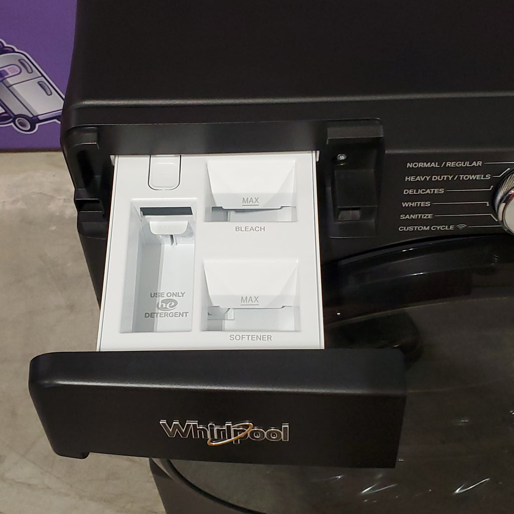 Pictures of Whirlpool 4.5 cu. ft. Smart Front Load ENERGY STAR® Washer with FreshFlow™ Vent System WFW5720RU - Scratch & Dent (Minor) and Whirlpool 7.4 cu. ft. Vented Front Load Electric Dryer in Volcano Black with Wrinkle Shield Option WED5720RU - Open Box - Neu Appliance Outlet - Discount Appliance Outlet in Austin, Tx