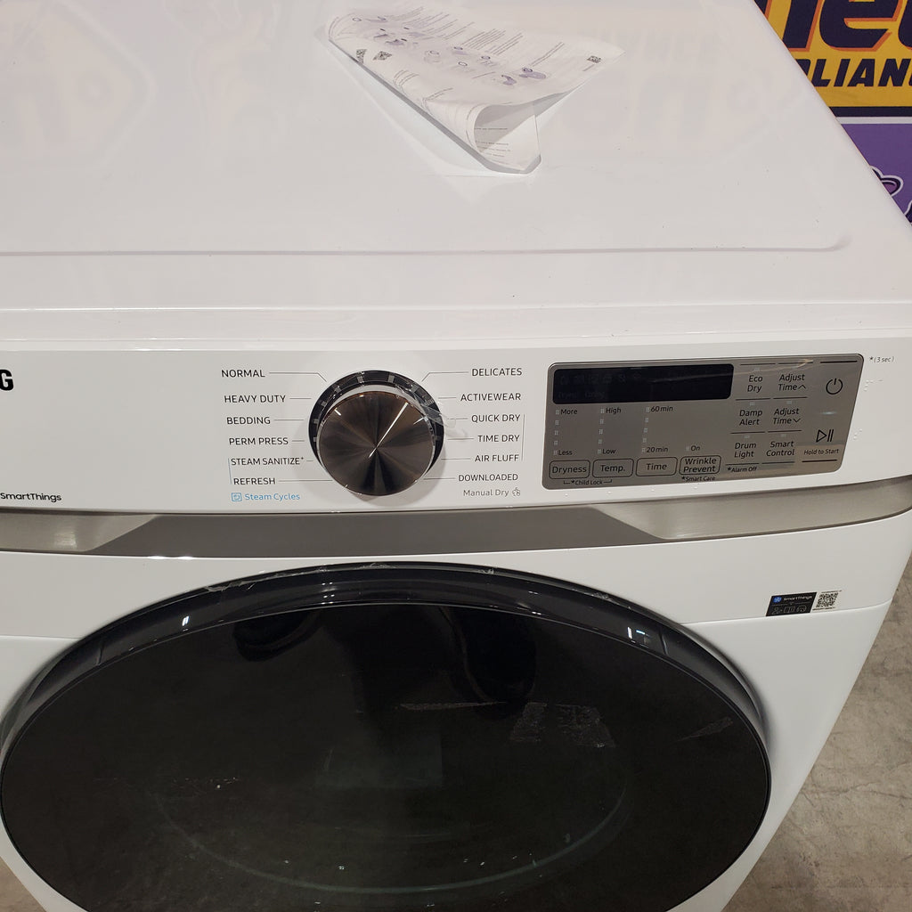 Samsung 4.5 cu. ft. Large Capacity Smart Front Load Washer with Super Speed Wash in White WF45B6300AW - Scratch & Dent (Minor) and Samsung 7.5 cu. ft. Smart Electric Dryer with Steam Sanitize+ in White 16064 - DVE45B6300W - Open Box