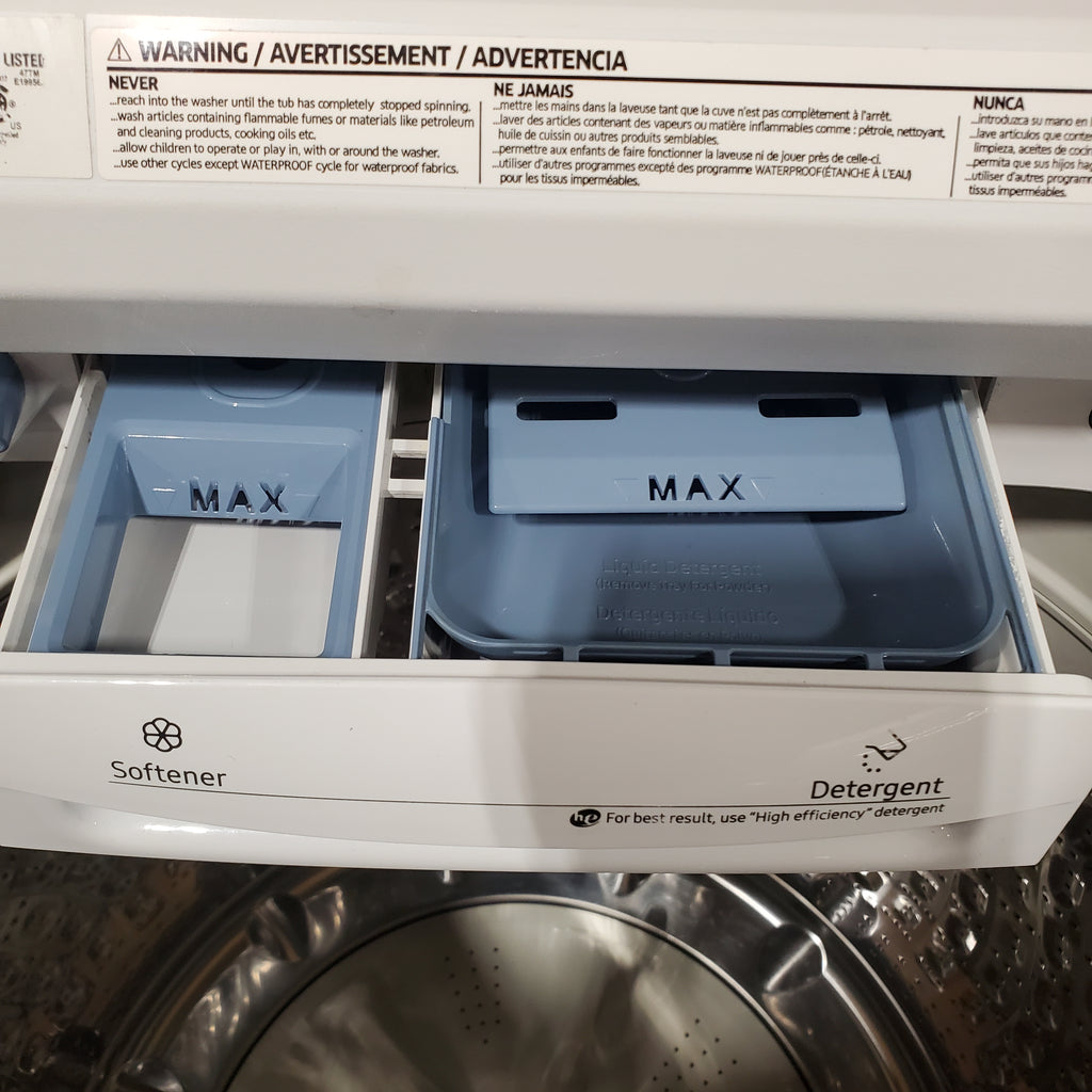 Pictures of Samsung White Top Load 5.4 Cu. Ft. Washer with Active Water Jet WA50R5200AW/US - Certified Refurbished and Samsung White 7.4 cu. ft. Electric Dryer in White with Steam Sanitize+ DVE54R7200W/A3 - Certified Refurbished - Neu Appliance Outlet - Discount Appliance Outlet in Austin, Tx