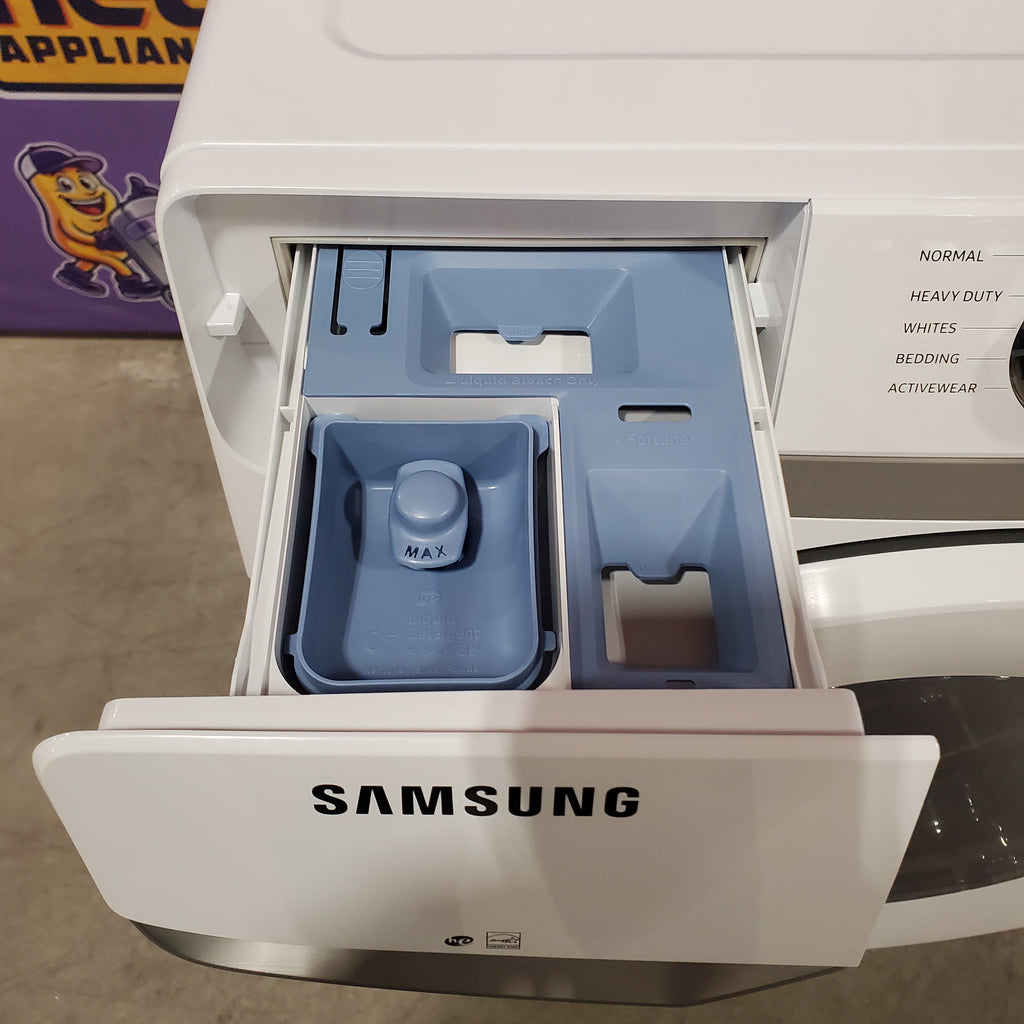 Pictures of Samsung 4.5 cu. ft. ENERGY STAR Front Load Washer with Vibration Reduction WF45T6000AW - Scratch & Dent (Minor) and Samsung 7.5 cu. ft. Front Load Electric Dryer with Smart Care in White 16142 - DVE45T6000W - Open Box - Neu Appliance Outlet - Discount Appliance Outlet in Austin, Tx