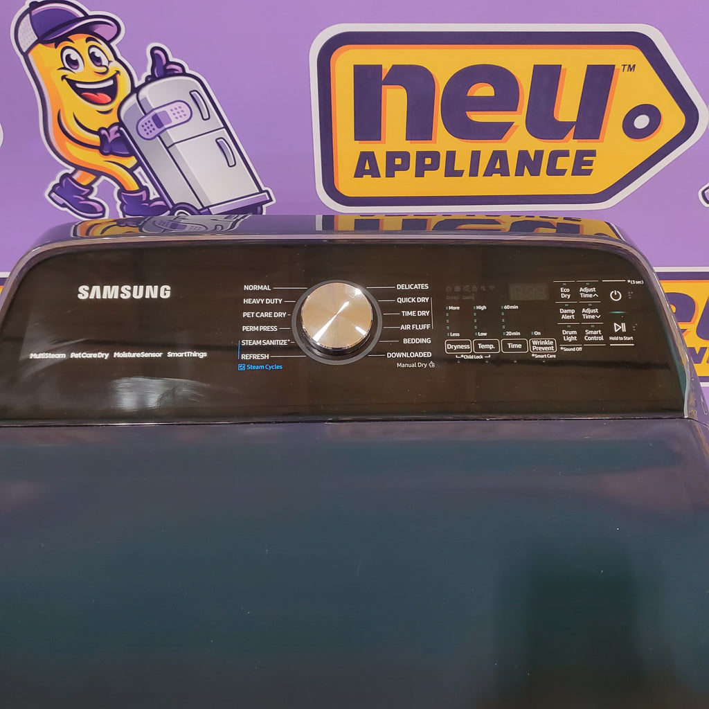 Pictures of Samsung Brushed Black Top Load 5.2 Cu. Ft. Washer with SuperSpeed Wash WA52A5500AV - Certified Refurbished and Samsung Brushed Navy Smart Electric Front Load 7.4 Cu. Ft. Dryer with Steam Sanitize+ DVE54CG7150D - Scratch and Dent (Minor) - Neu Appliance Outlet - Discount Appliance Outlet in Austin, Tx