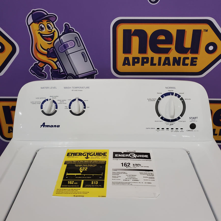 Amana Top Load 3.5 Cu. Ft. Washer with Dual Action Agitator, Porcelain Tub, and Late Lid Lock 22136SD363 - NTW4516FW - Open Box