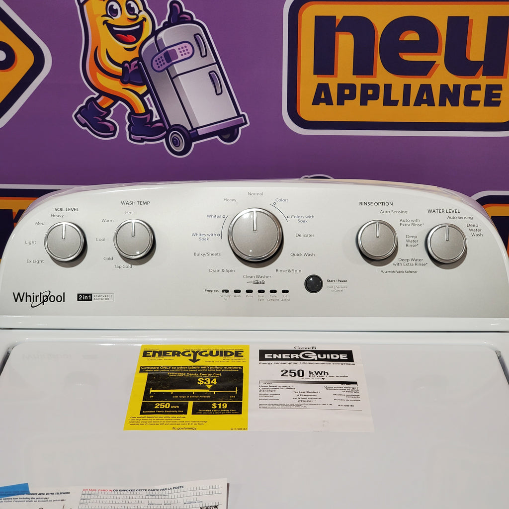 Whirlpool 3.8–3.9 Cu. Ft.  Top Load Washer with 2 in 1 Removable Agitator and Soil Level Selection WTW4957PW - Open Box and Whirlpool 7-cu ft Vented Electric Dryer 16050 - WGD4815EW - Scratch & Dent (Minor)