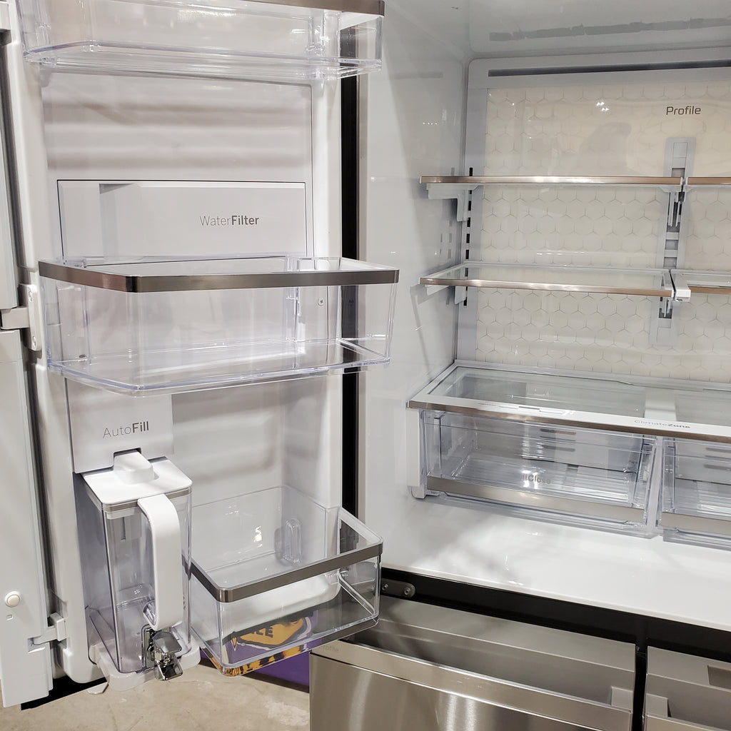 Pictures of GE Profile ENERGY STAR® 22.9 Cu. Ft. Counter-Depth Quad-Door Refrigerator with Dual-Dispense AutoFill Pitcher and Door in Door GE9851 - PHD23BYWFS - New in Box - Neu Appliance Outlet - Discount Appliance Outlet in Austin, Tx