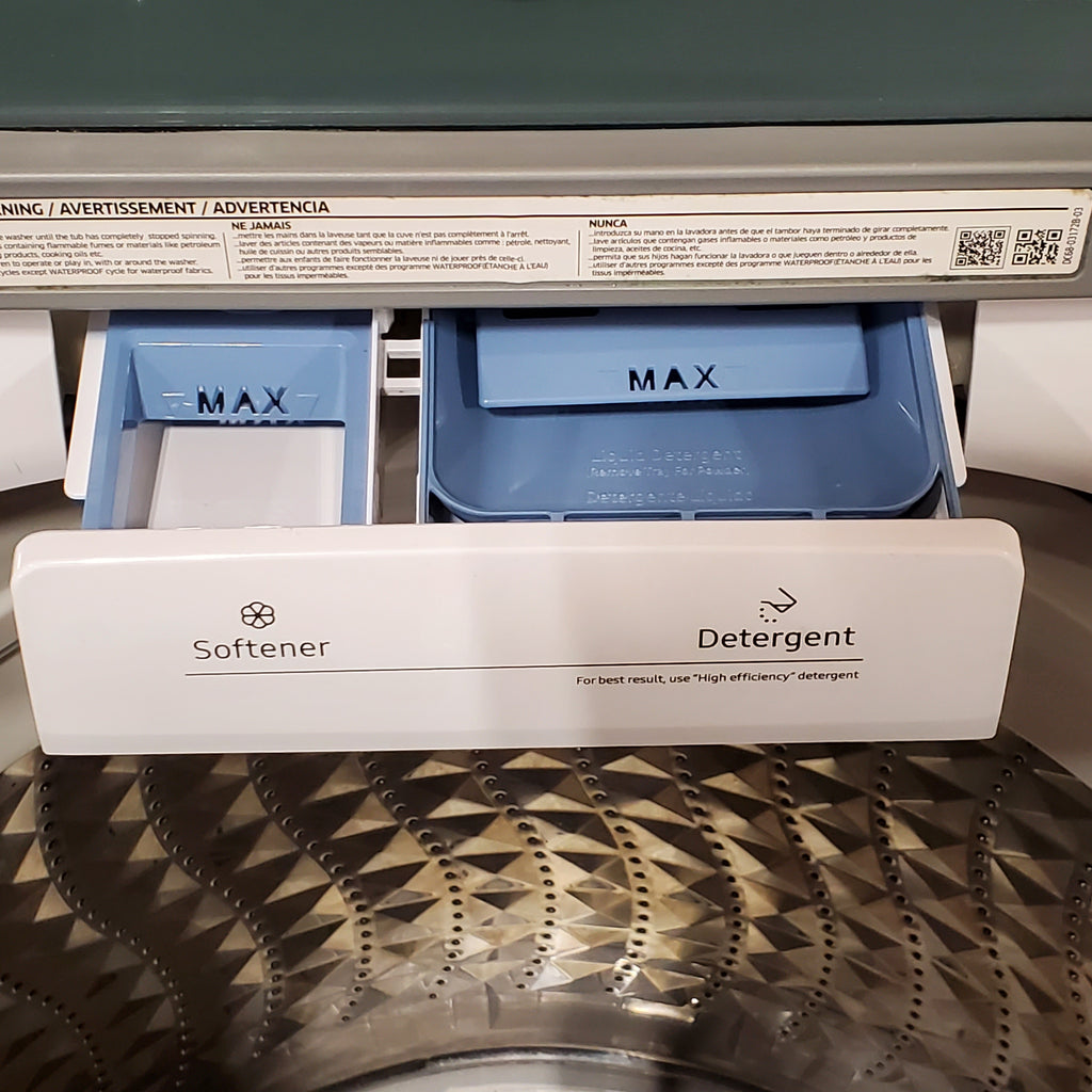 Pictures of Samsung 4.5 cu. ft. Top Load Washer with Vibration Reduction Technology+ in White WA45T3200AW - Certified Refurbished and Samsung 7.2 cu. ft. Electric Dryer with Sensor Dry in White 16086 - DVE45T3200W - Certified Refurbished - Neu Appliance Outlet - Discount Appliance Outlet in Austin, Tx