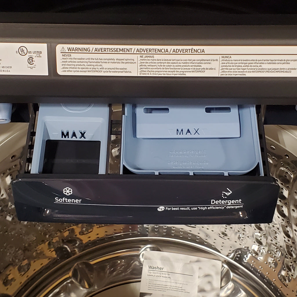 Pictures of Samsung 5.4 cu. ft. Smart Top Load Washer with Pet Care Solution and Super Speed Wash WA54CG7150AD - New in Box and Samsung Pet Care Dry and Steam Sanitize+ 7.4-cu ft Steam Cycle Smart Gas Dryer DVG54CG7150D - New in Box - Neu Appliance Outlet - Discount Appliance Outlet in Austin, Tx