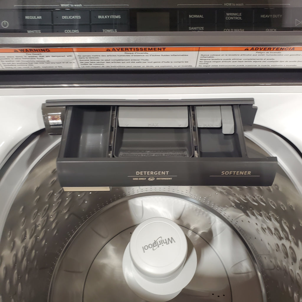 Pictures of Whirlpool High Efficiency Agitator Large Top-Load Washer in White WTW5105HW - Scratch & Dent (Minor) and Whirlpool 7.4 cu. ft. Electric Dryer with AccuDry Sensor and Wrinkle Shield WED5100HW - Scratch & Dent (Minor) - Neu Appliance Outlet - Discount Appliance Outlet in Austin, Tx