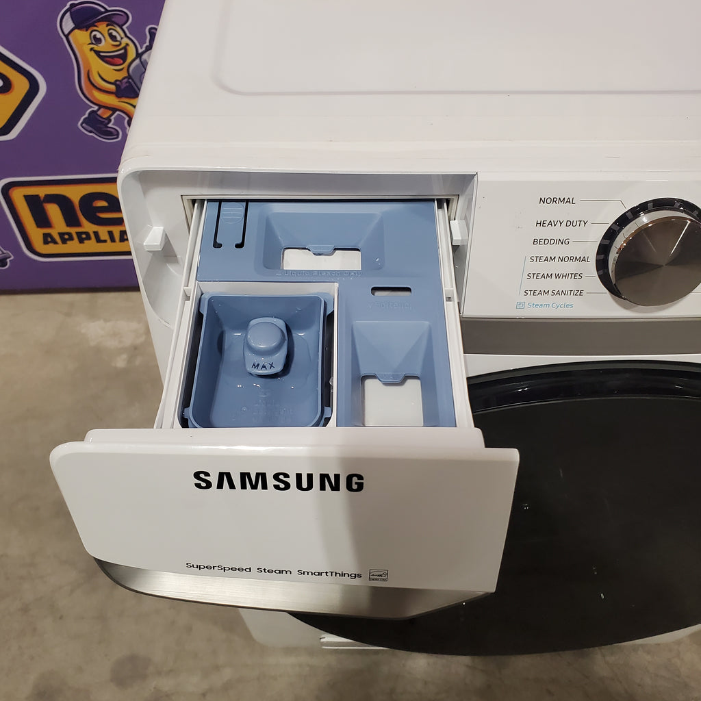 Samsung 4.5 cu. ft. Large Capacity Smart Front Load Washer with Super Speed Wash in White WF45B6300AW - Scratch & Dent (Minor) and Samsung 7.5 cu. ft. Smart Electric Dryer with Steam Sanitize+ in White 16064 - DVE45B6300W - Open Box