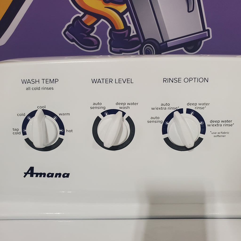 Pictures of Amana White Top Load 3.8 Cu. Ft. Washer with High Efficiency Agitator NTW4519JW and Amana White Electric 6.5 Cu. Ft. Dryer with Wrinkle Prevent Option NED4655EW - Scratch and Dent (Minor) - Neu Appliance Outlet - Discount Appliance Outlet in Austin, Tx