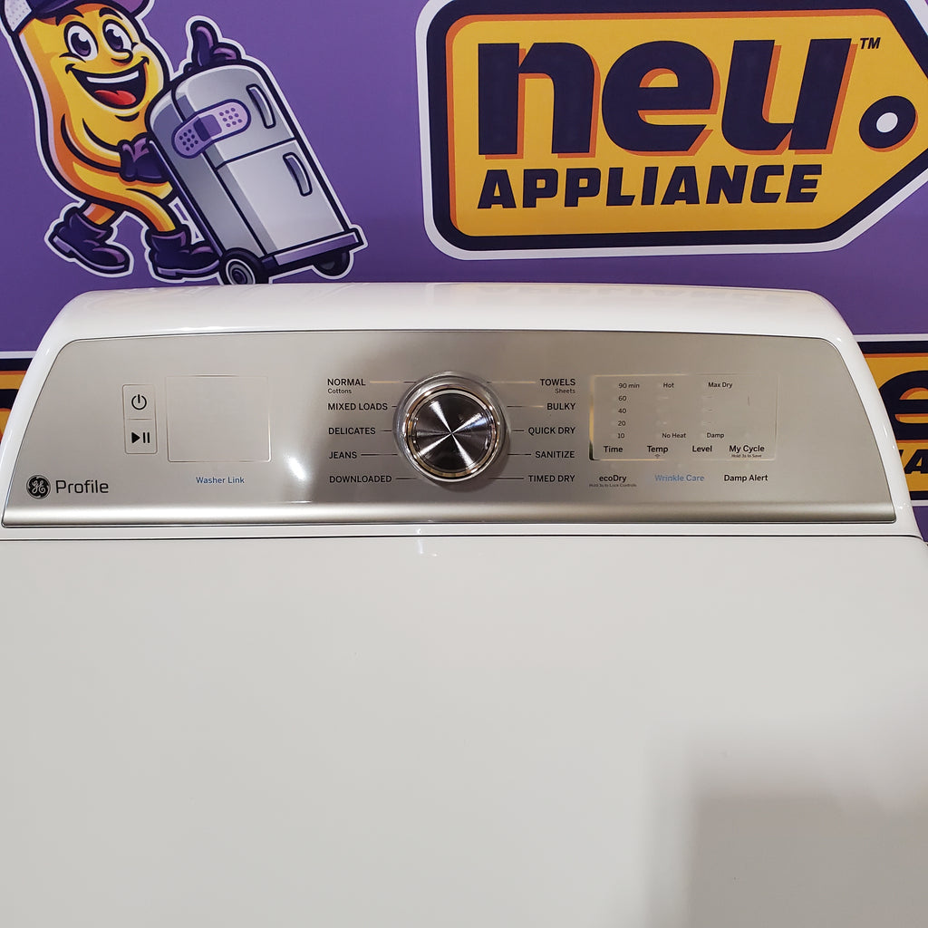 Pictures of Ge Profile White Energy Star 4.9 Cu. Ft. Top Load Washer with FlexDispense PTW605BSRWS - New in Box and GE Profile White ENERGY STAR® 7.4 cu. ft. Capacity aluminized alloy drum Gas Dryer with Sanitize Cycle and Sensor Dry - Scratch & Dent - (Moderate) - Neu Appliance Outlet - Discount Appliance Outlet in Austin, Tx