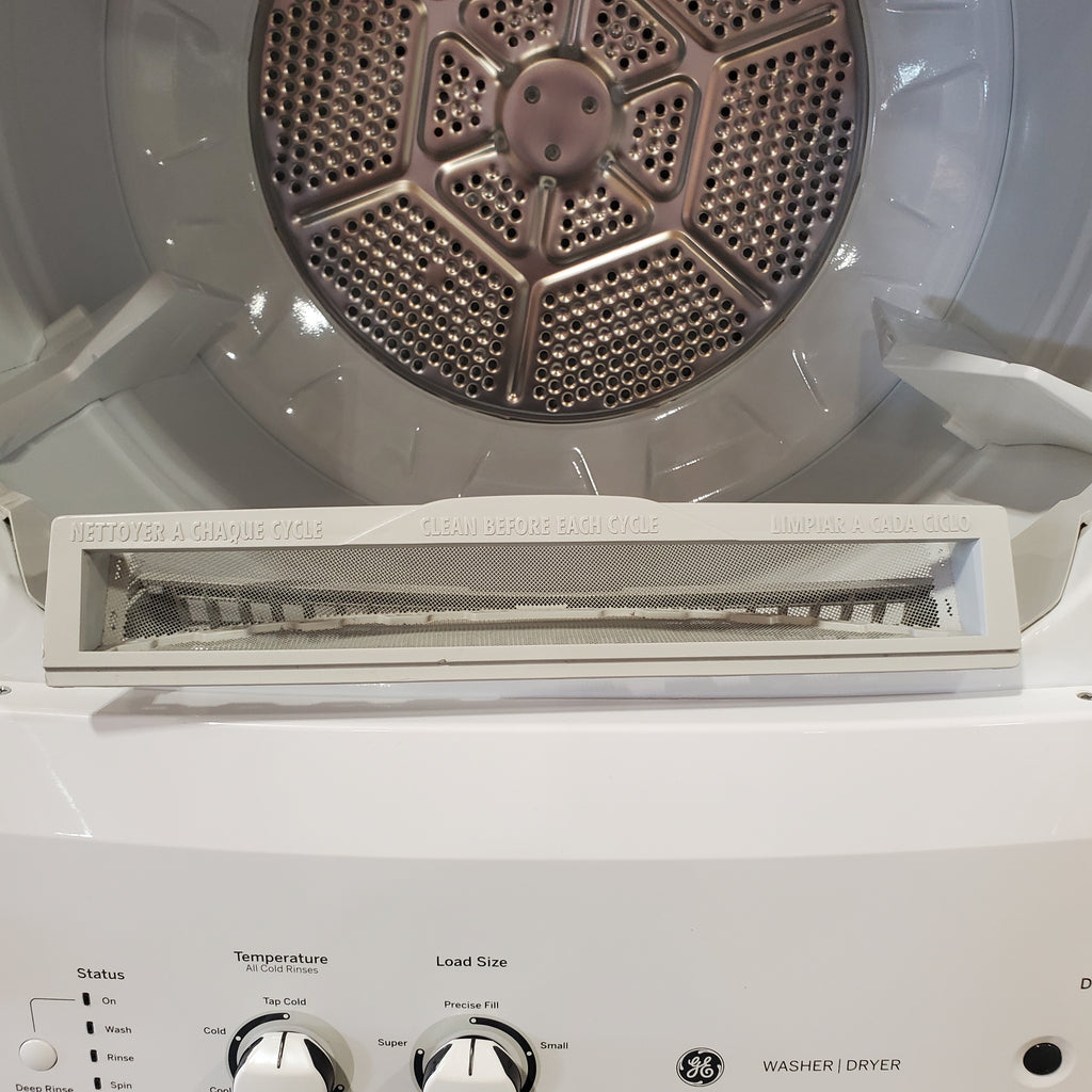 Pictures of GE White unitized Spacemaker 3.8 Cu. Ft. Washer with Stainless Steel Basket and 5.9 Cu. Ft. Dryer GUD27ESSMWW - Certified Refurbished - Neu Appliance Outlet - Discount Appliance Outlet in Austin, Tx