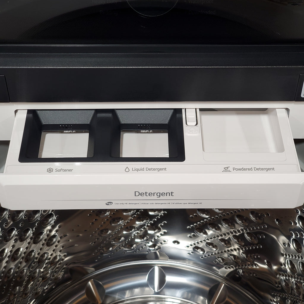 Pictures of LG 5.5 cu. ft. Mega Capacity Top Load Washer with Impeller in Alpine White WT8400CW - Open Box and LG Energy Star Certified 7.3 cu. ft. Ultra Large Capacity Rear Control Electric Dryer with LG EasyLoad™ Door and AI Sensing 15023 - DLE8400WE - New in Box - Neu Appliance Outlet - Discount Appliance Outlet in Austin, Tx