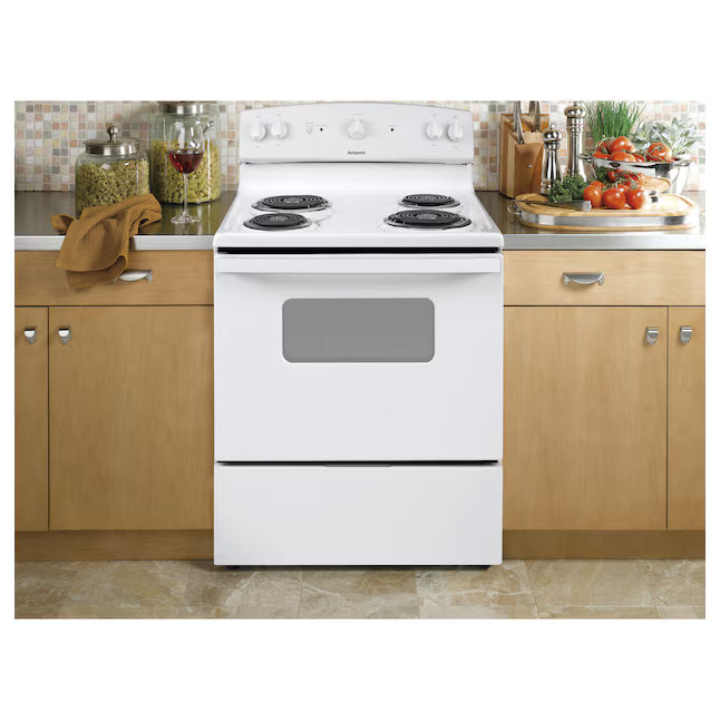 Hotpoint White 30-in 4 Burners 5-cu ft Freestanding Electric Range with Sensi Temp Technology RBS330DRWW - Scratch & Dent (Minor)