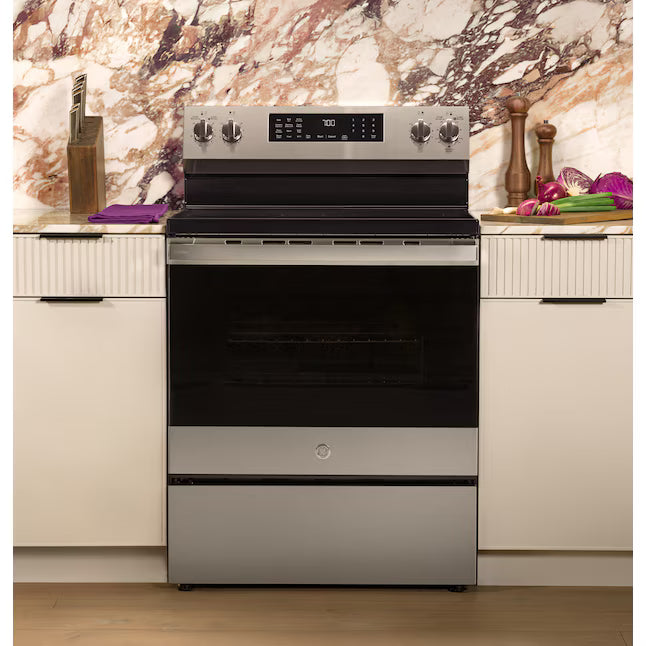 GE Profile EasyWash Oven Tray 30-in Glass Top 5 burners 5.3-cu ft Air Fry Convection Oven Freestanding Electric Range with WipeClean Coating in Fingerprint Resistant Stainless Steel PRF700AYFS - Open Box