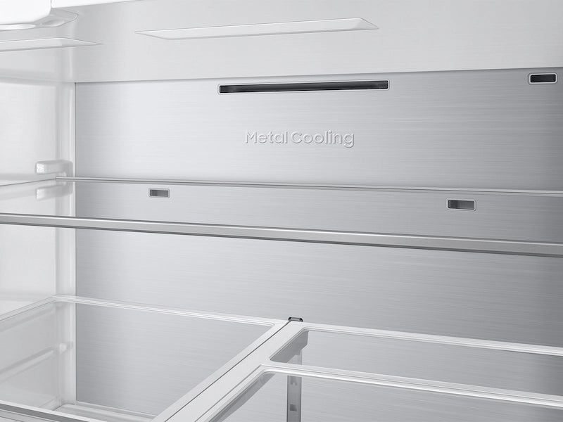 Stainless steel Samsung Bespoke RF90F29AECRAA 4-Door French Door Refrigerator interior with 'Metal Cooling' label