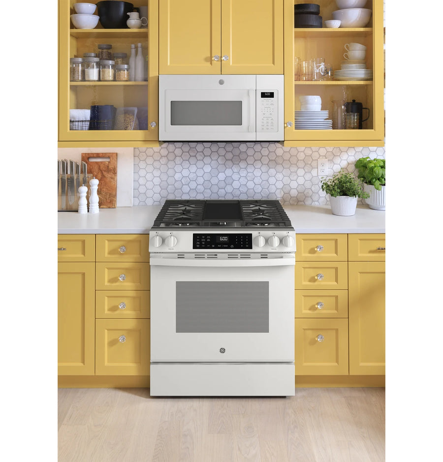 GE 30 in. 5-Burners Slide-In Smart Gas Convection Range in White with EasyWash Oven Tray And No-Preheat Air Fry GGS600AVWW - Scratch  & Dent (Minor)