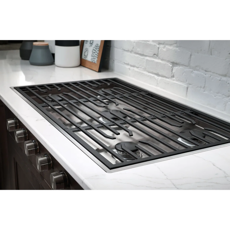 Wolf 36 Inch Cooktop with 5 Sealed Burners Total, Continuous Cast-Iron Grates, 20,000 BTU Power Burner, White Illuminated LED Knobs, 3 Knob Color Options CG365CS - Open Box
