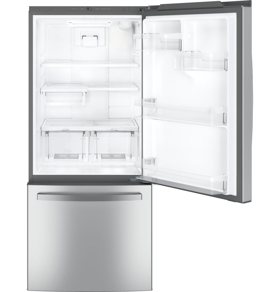 Pictures of 30" Wide GE® Fingerprint Resistant Stainless ENERGY STAR® 21.0 Cu. Ft. Bottom-Freezer Refrigerator with Ice Maker GDE21EYKFS - Open Box - Neu Appliance Outlet - Discount Appliance Outlet in Austin, Tx